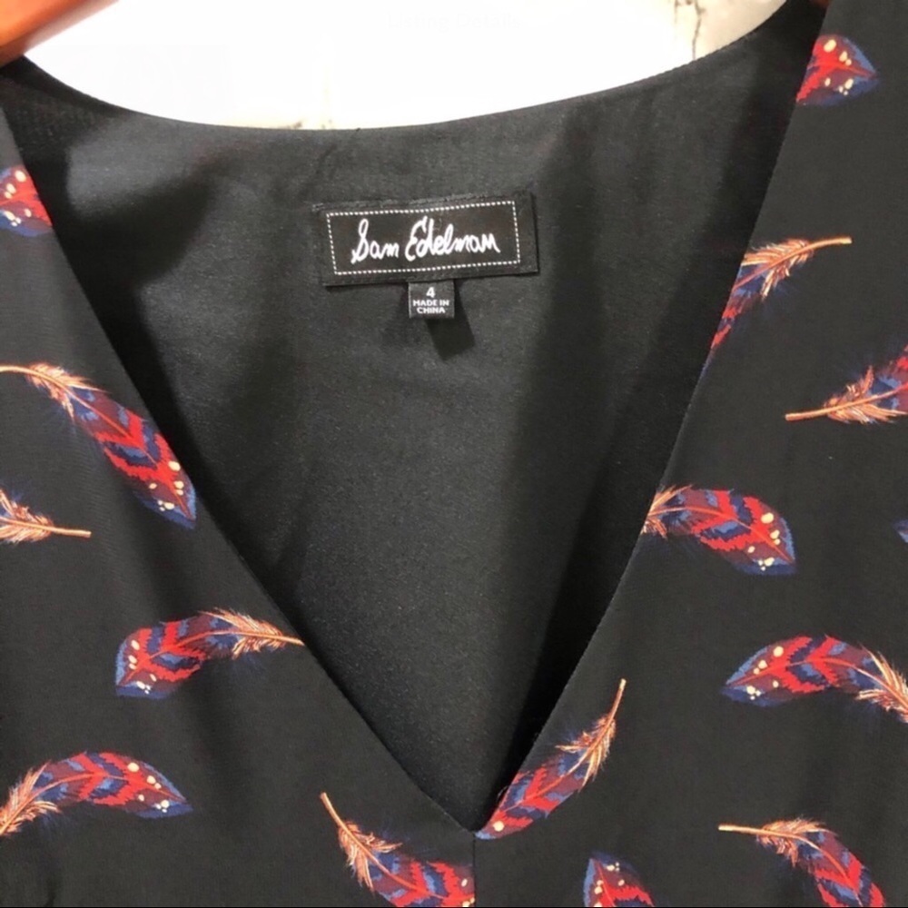 Sam Edelman Handkerchief Dress Boho Feather Print Size 4 Black - Picture 7 of 8